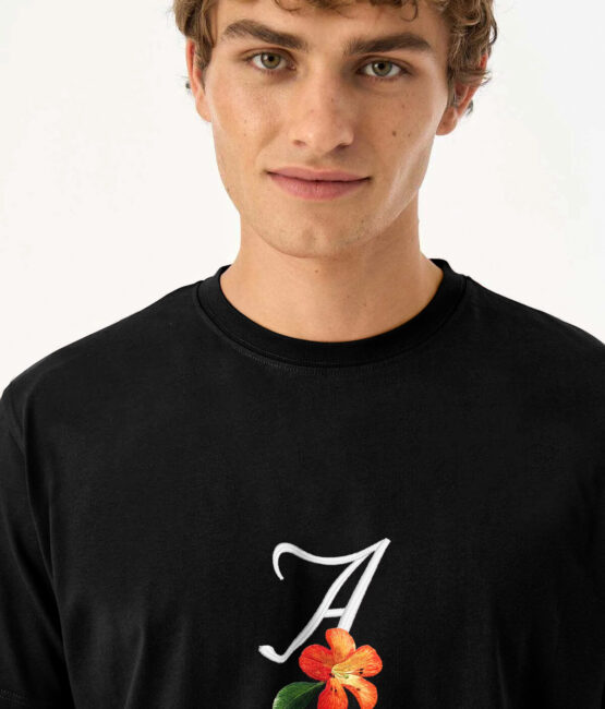 Black Embroidered A with Flower Unisex T-Shirt