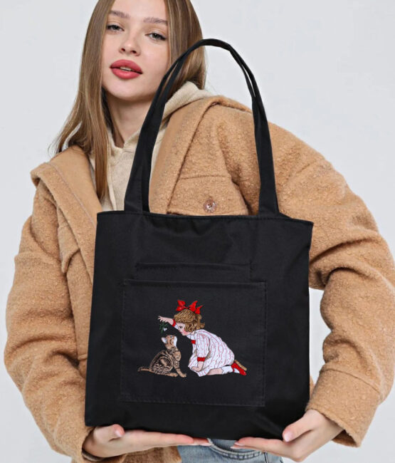 Cat and Girl Embroidered Black Bag