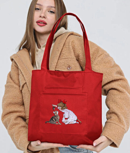 Cat and Girl Embroidered Red Bag