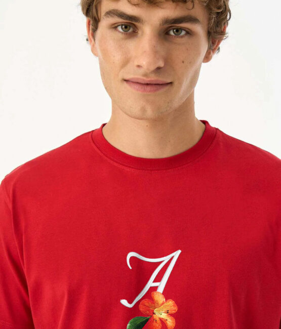 Red Embroidered A with Flower Unisex T-Shirt